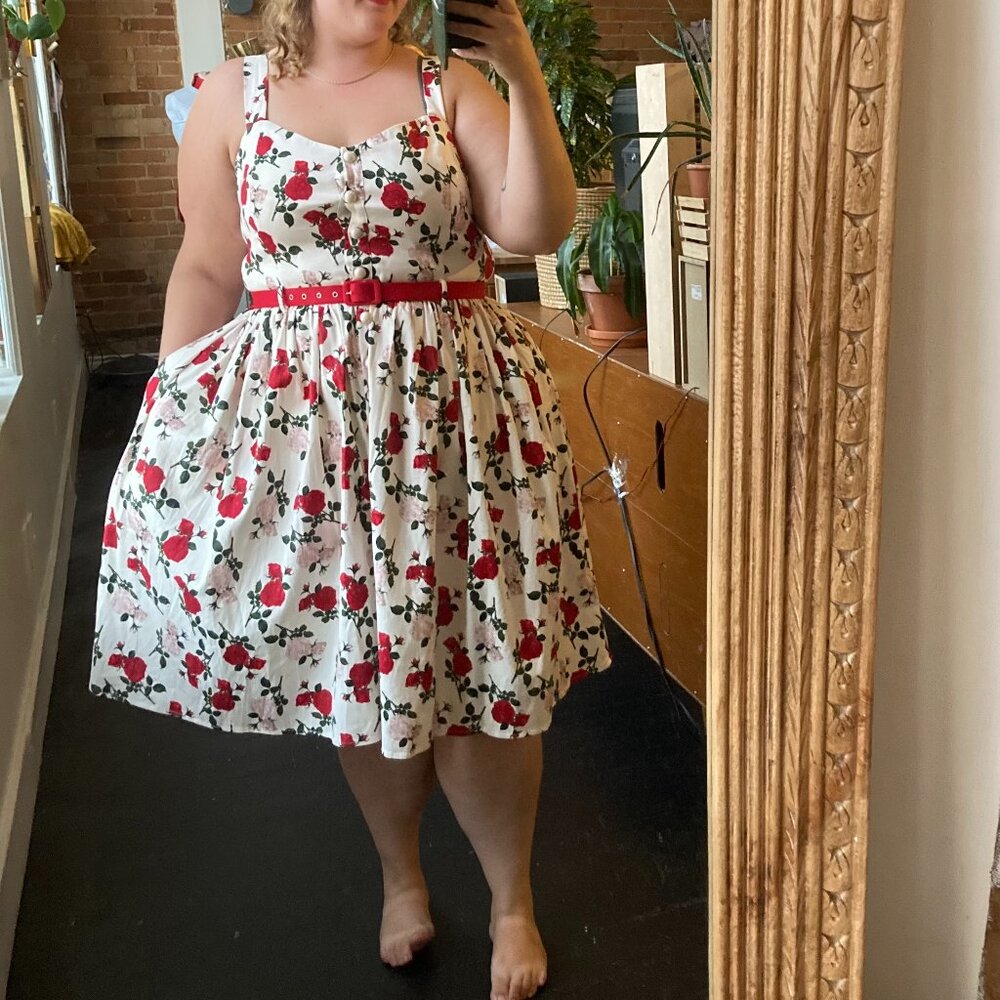 Collectif White Midi Dress with Red Rose Print